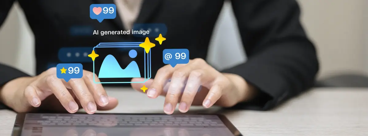 Automated brand monitoring services - professional analyzing social media engagement and AI-generated content on tablet